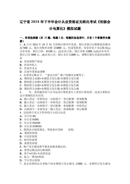 辽宁省2024年下半年会计从业资格证无纸化考试《初级会计电算化》模拟试题