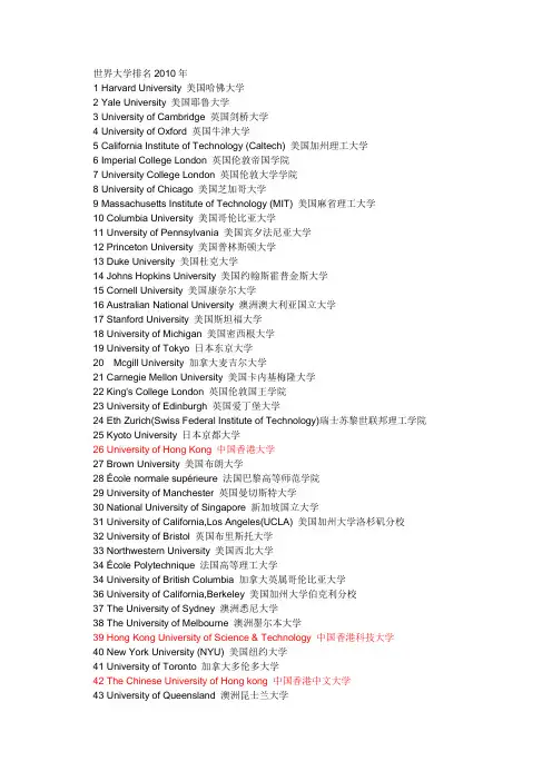 世界大学排名2010年