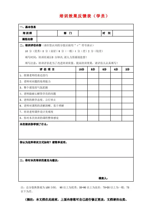 培训效果反馈表(学员)