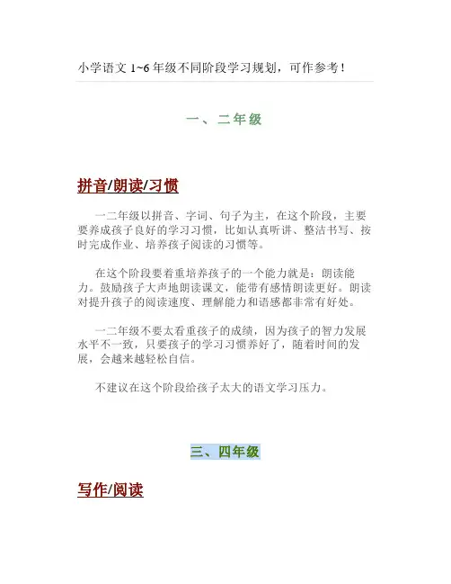 小学语文1~6年级不同阶段学习规划,可作参考