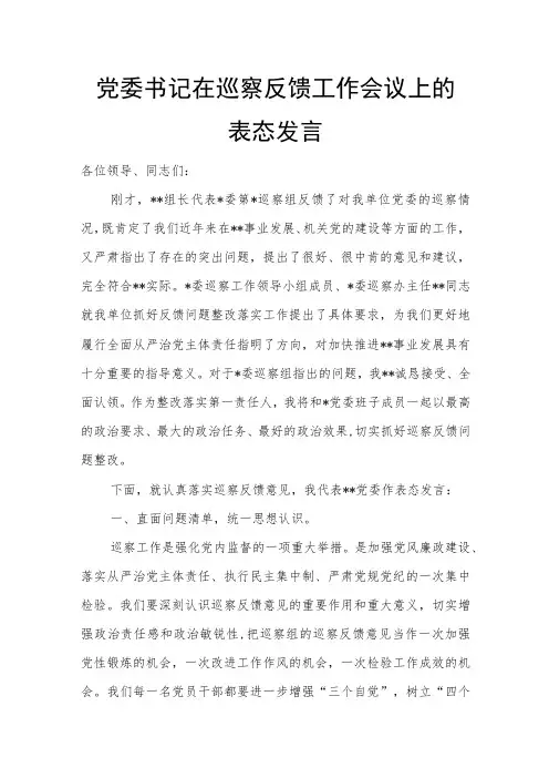 党委书记在巡察反馈工作会议上的表态发言