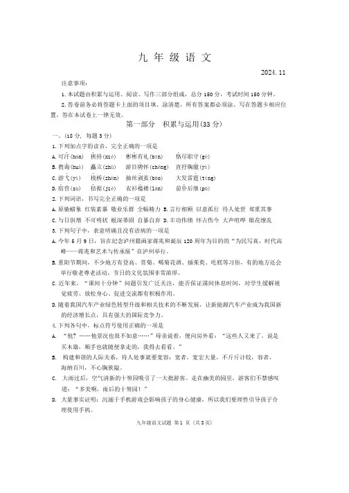 山东省高密市2024-2025学年九年级上学期期中考试语文试题