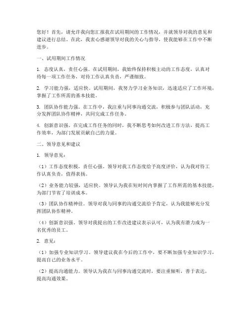 转正报告领导意见评语