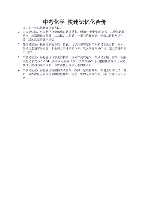 中考化学 快速记忆化合价
