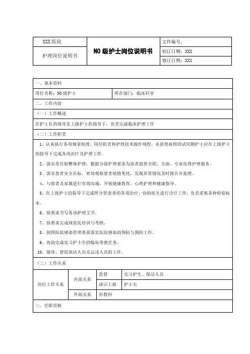 N0级护士岗位说明书