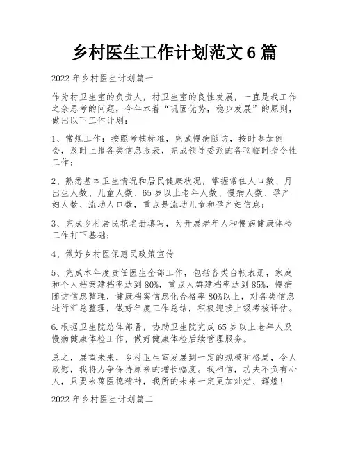 乡村医生工作计划范文6篇