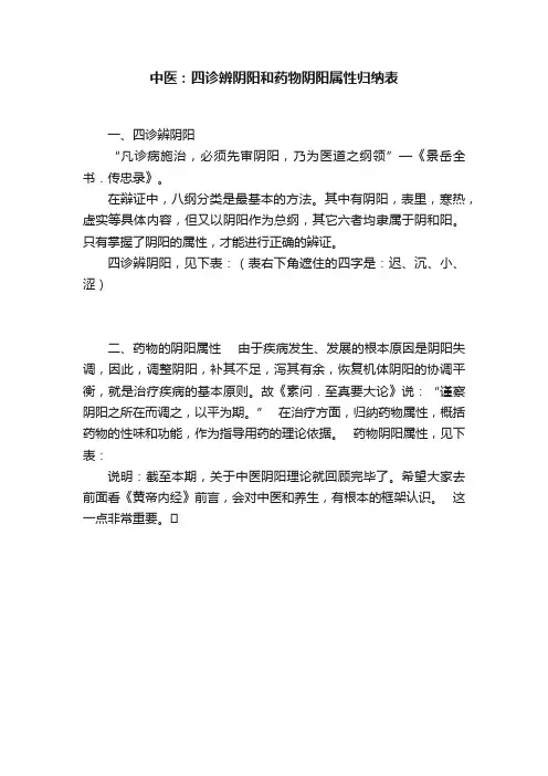 中医：四诊辨阴阳和药物阴阳属性归纳表