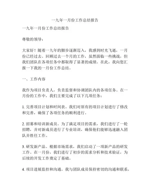一九年一月份工作总结报告
