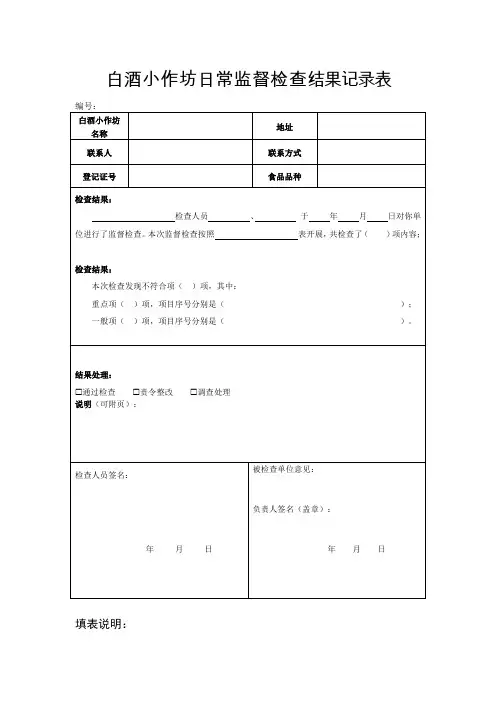 白酒小作坊日常监督检查结果记录表