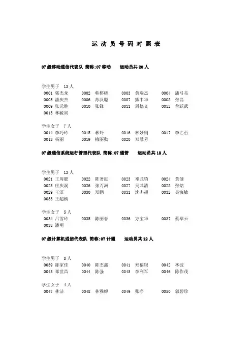 号码对照表