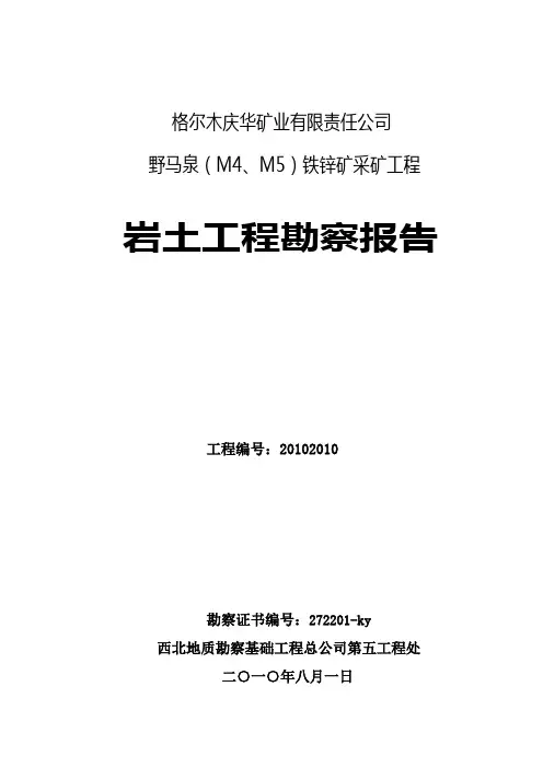 格尔木庆华矿业有限责任公司野马泉(M4、M5)铁锌矿采矿工程岩土工程勘察