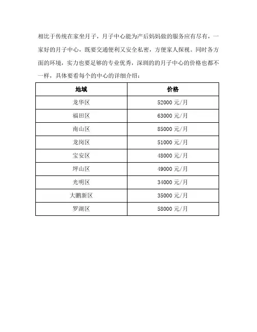 月子中心服务价格表