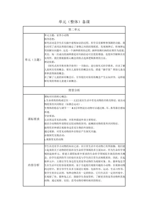 鄂教版科学一年级上册二单元《家养小动物》单元备课 (表格式)