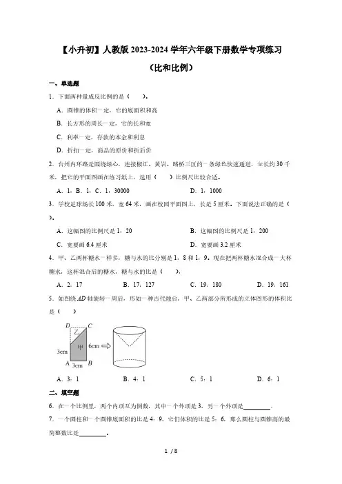 【小升初】人教版2023-2024学年六年级下册数学专项练习(比和比例)含答案