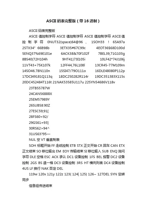 ASCII码表完整版（带16进制）