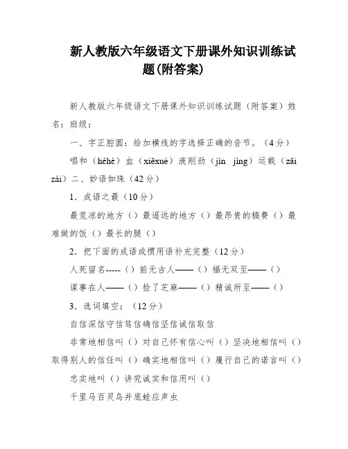 新人教版六年级语文下册课外知识训练试题(附答案)