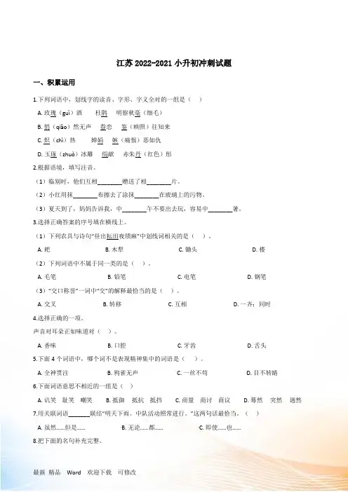 2022-2021江苏省南通市小升初语文冲刺试题含答案