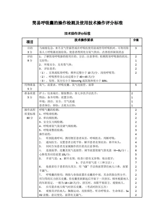 简易呼吸囊的操作检测及使用技术操作评分标准