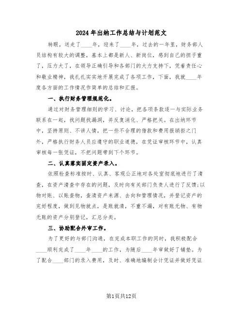 2024年出纳工作总结与计划范文(6篇)