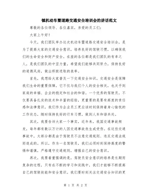 镇机动车暨道路交通安全培训会的讲话范文