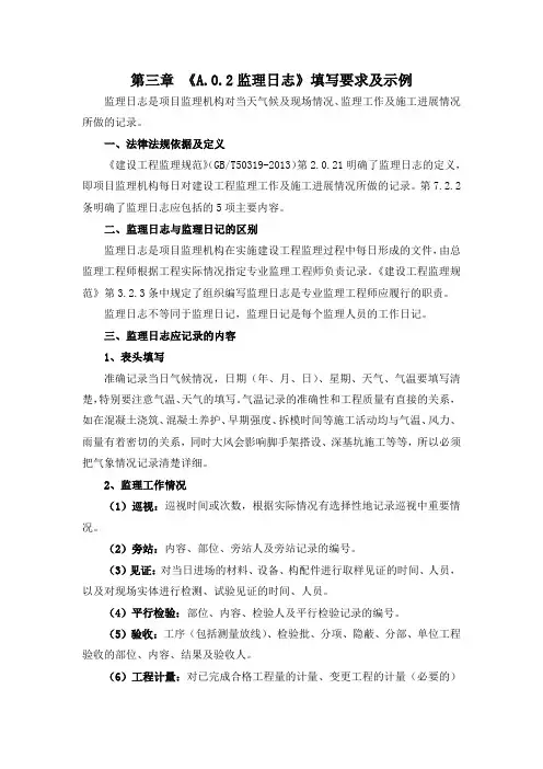 第三章《A.0.2监理日志》填写要求及示例