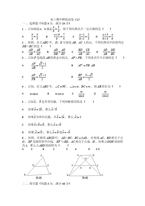 上海市浦东新区民办欣竹中学2024-2025学年九年级上学期期中模拟数学试卷(含答案)