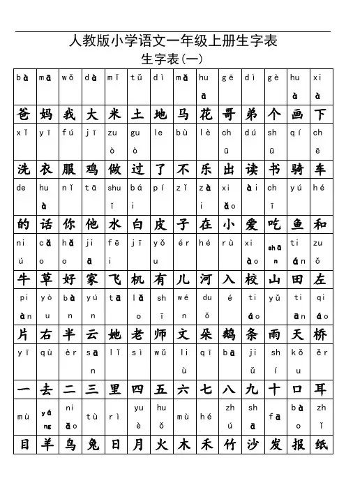 人教版一年级语文上册生字表及全部偏旁部首
