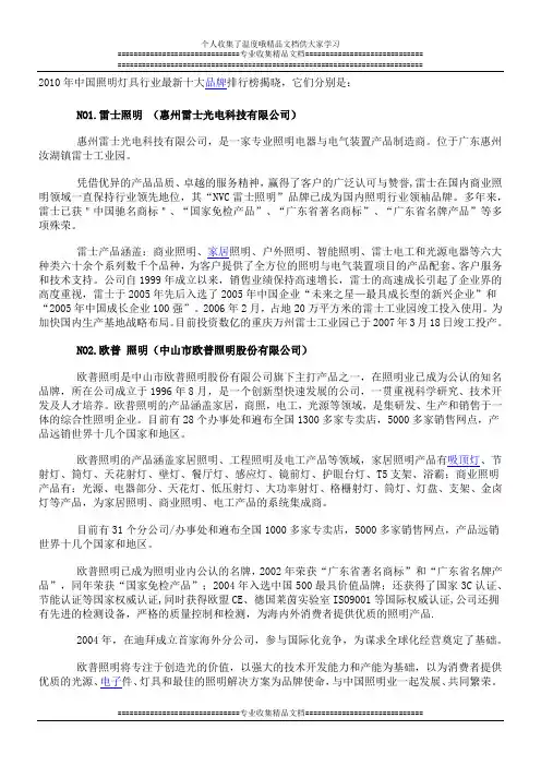 中国照明灯具行业最新十大品牌