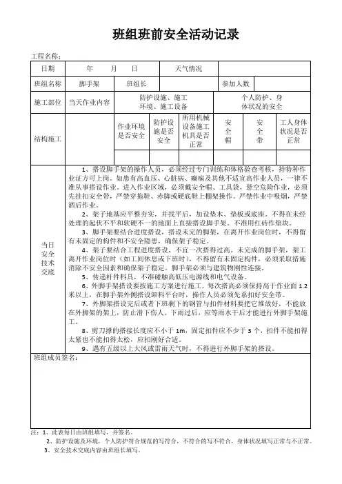 班组班前安全活动记录(架子工)