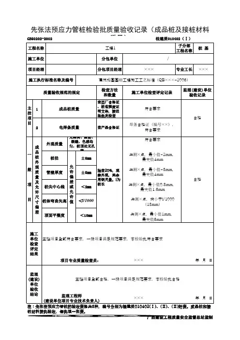 先张法预应力管桩检验批质量验收记录(成品桩及接桩材料质量)(最新版)