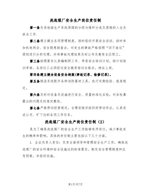 洗选煤厂安全生产岗位责任制(5篇)