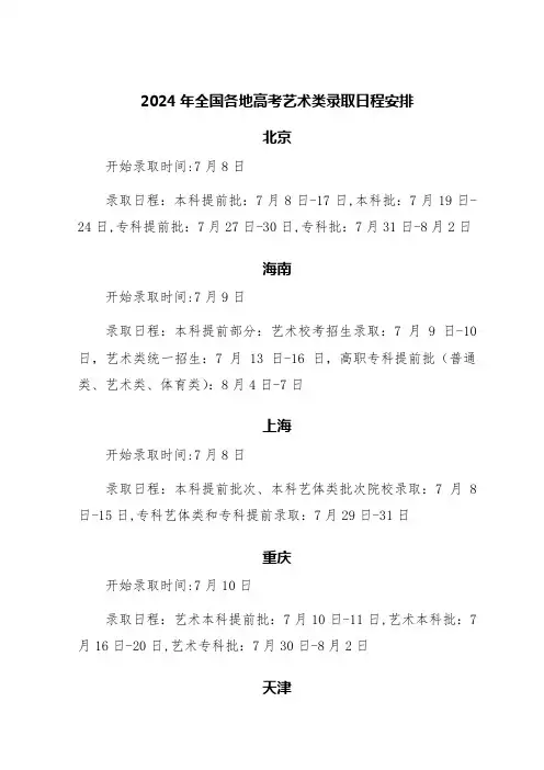 2024年全国各地高考艺术类录取日程安排