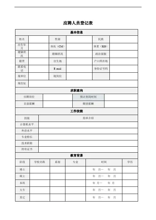 应聘人员登记表