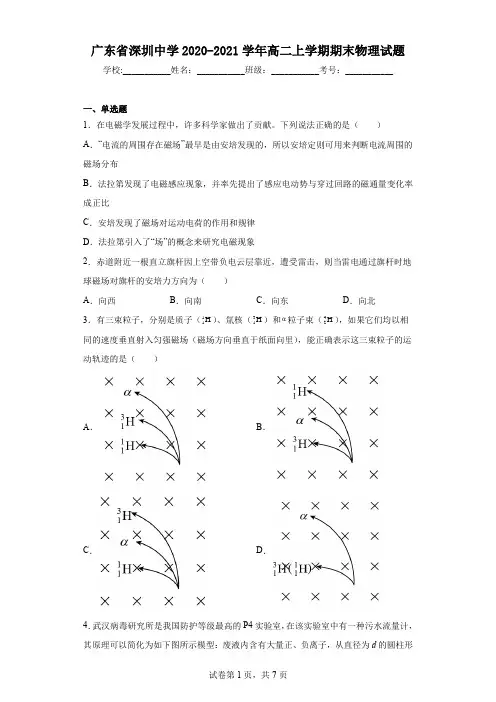 广东省深圳中学2020-2021学年高二上学期期末物理试题