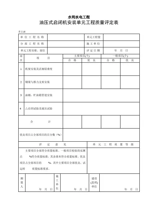 表2.18-0 油压式启闭机安装单元工程质量评表(例表)
