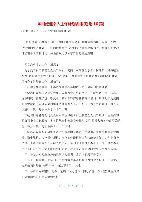 项目经理个人工作计划安排(通用10篇)