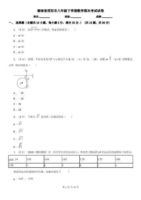 湖南省邵阳市八年级下学期数学期末考试试卷