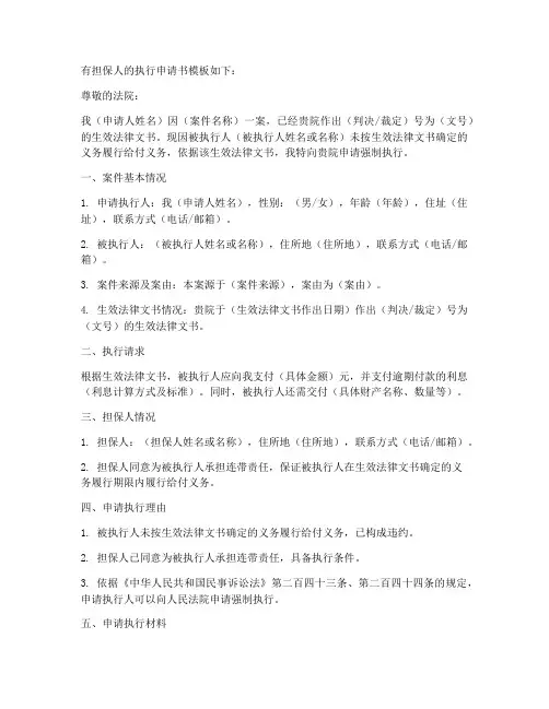 有担保人的执行申请书模板