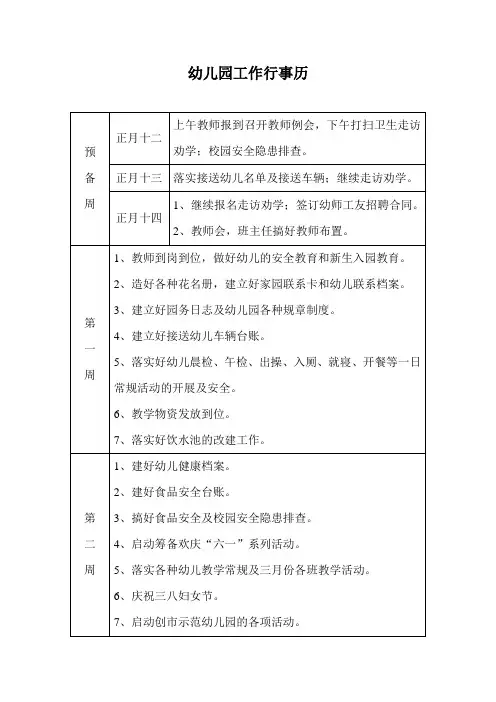 幼儿园工作行事历