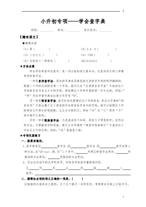 小升初专项——学会查字典(试题)部编版语文六年级下册