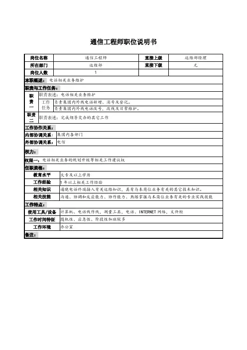 通信工程师职位说明书