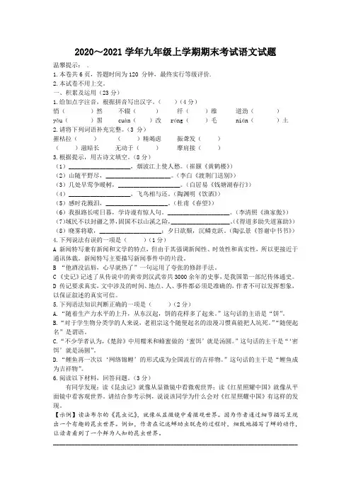 2020～2021学年九年级上学期期末考试语文试题附参考答案