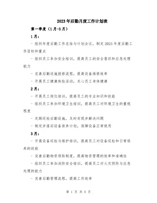 2023年后勤月度工作计划表