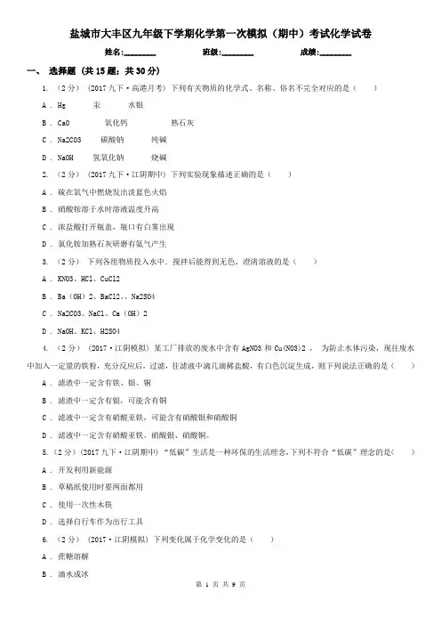 盐城市大丰区九年级下学期化学第一次模拟(期中)考试化学试卷