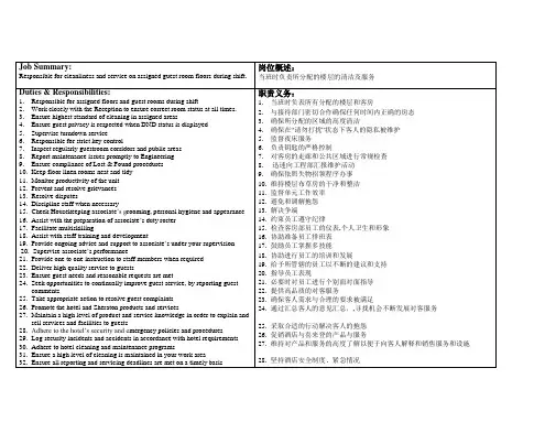 喜来登(Sheraton)酒店房务部楼层主管岗位职责