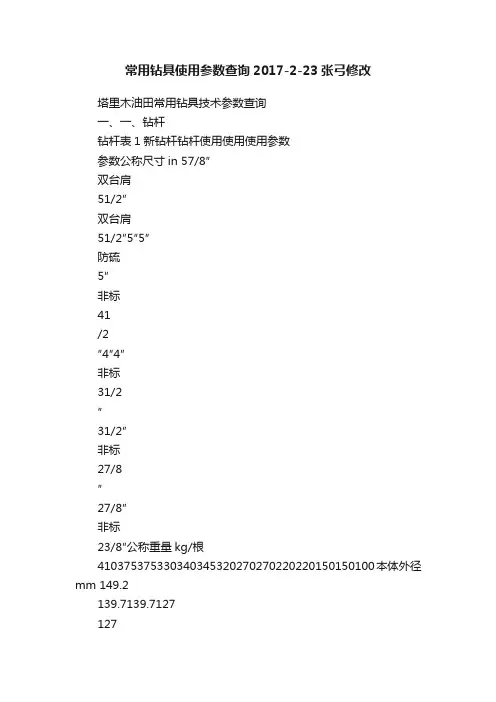 常用钻具使用参数查询2017-2-23张弓修改