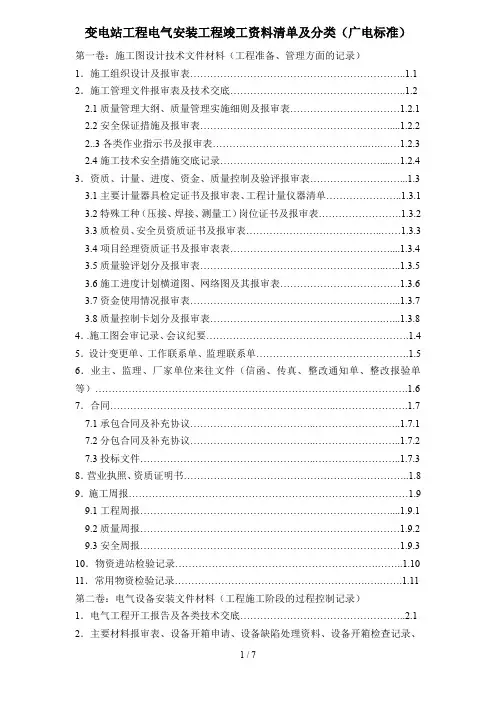 变电站工程电气安装工程竣工资料清单及分类(广电标准)
