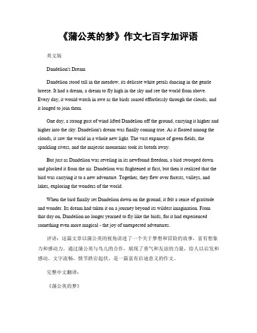 《蒲公英的梦》作文七百字加评语