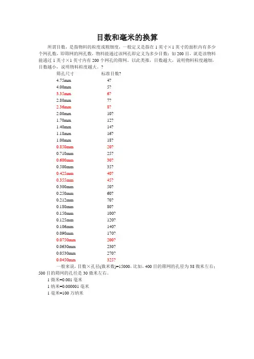 目数和毫米的换算