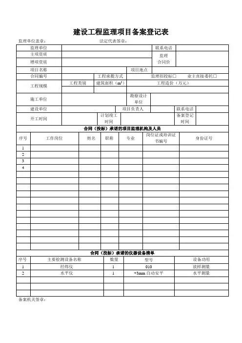 建设工程监理项目备案登记表